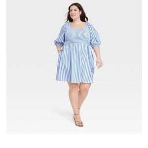 Ava&Viv-Xxl-blue/white striped-balloon elbow sleeves,smocked, mini dress.